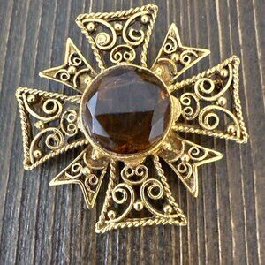 Vintage Maltese Cross Brooch Gold Filigree Large Amber Glass Center